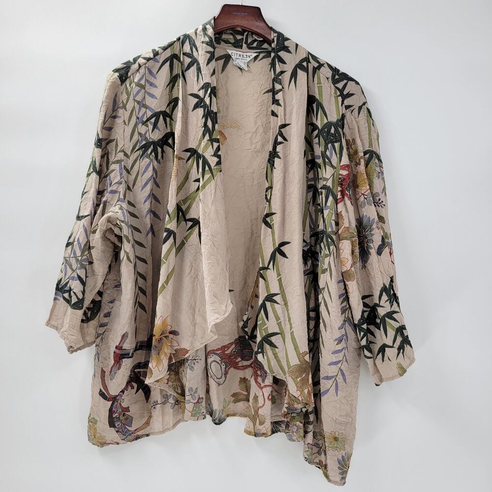 Citron Santa Monica Cardigan Kimono Womens 3X Tan Bamboo Floral Asian Print Top